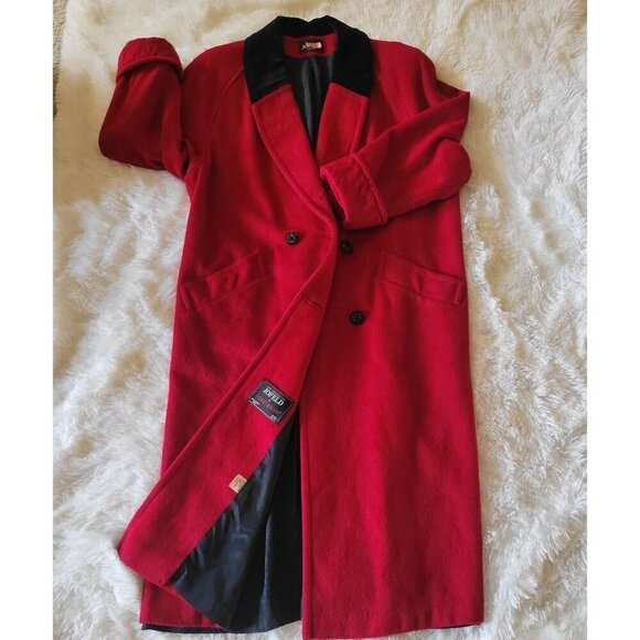 Jofeld Vintage Long Red Wool Overcoat W/Black Velvet Collar & Double-Breasted - Picture 7 of 9